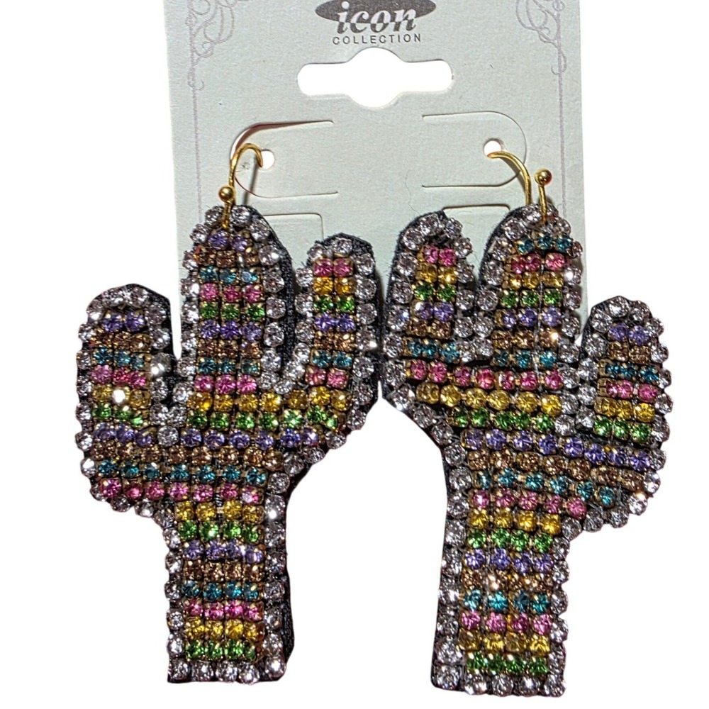 Icon Collection Cactus Earrings Rainbow Rhinestone Dangle Gold Tone NWT